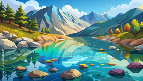 Still waters of a transparent alpine lake reveal colorful stones beneath the surface.