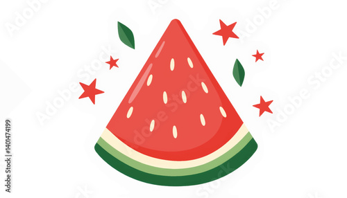 Vibrant watermelon slice illustration with seeds and leaves, summer freshness