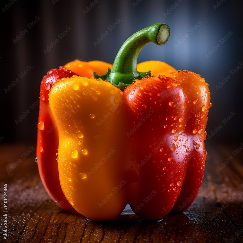 Hyper-realistic vibrant bell pepper with a gradient of red, orange, and yellow colors. Close up organic scene. AI Generative
