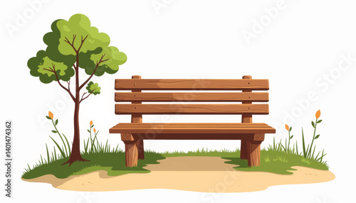 Rustic wooden bench in minimalist park setting, nature tranquility