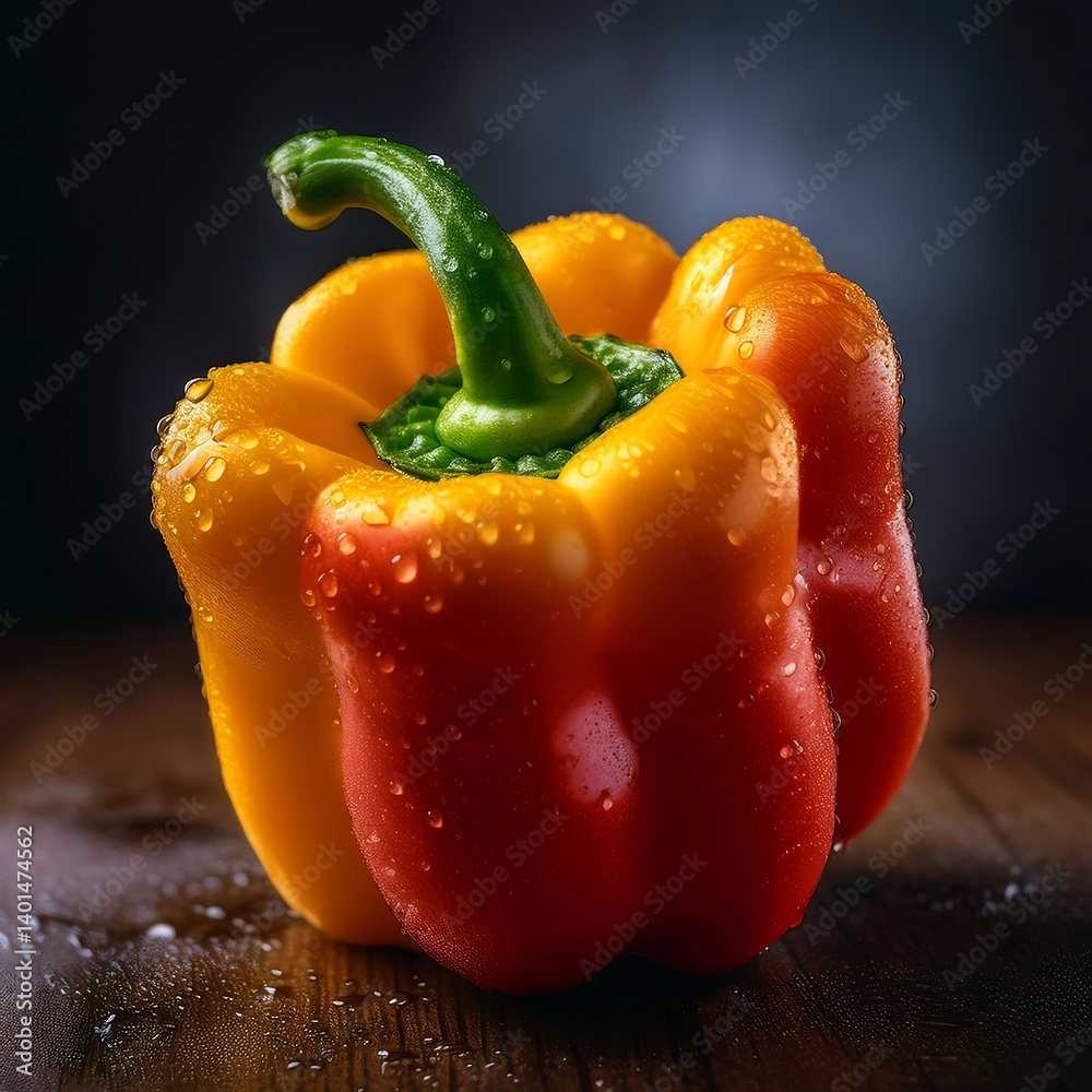 Hyper-realistic vibrant bell pepper with a gradient of red, orange, and yellow colors. Close up organic scene. AI Generated
