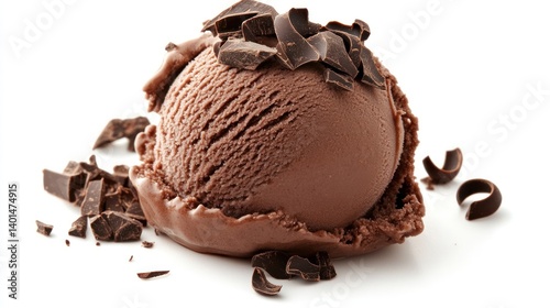 Obraz na płótnie A perfect scoop of chocolate ice cream topped with curled chocolate shavings, isolated against a clean white background. w salonie