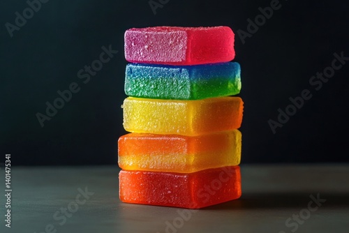 Colorful rainbow gummy candies are stacked together, their vibrant hues creating an enticing and playful visual. 