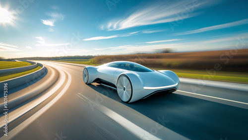 A futuristic white concept car speeding along a highway on a bright, sunny day.