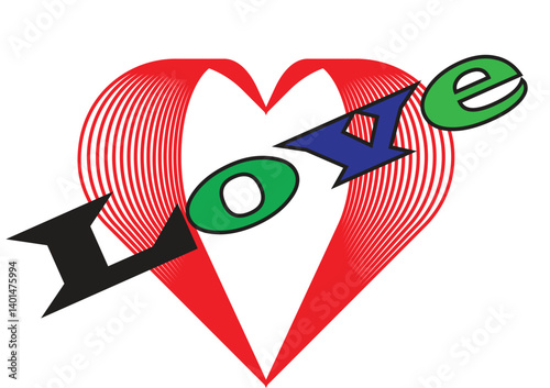 Bold red heart pierced by a colorful arrow spelling out love