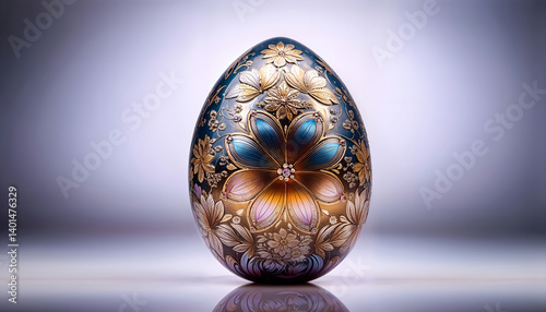 Glassy Egg Highly Detailed Ornament, Decorated Easter Egg Glass Effect with Flower Decoration, Isolated on a Neutral Empty Background With Copy Space, Elegant Easter Card, Background, Wallpaper