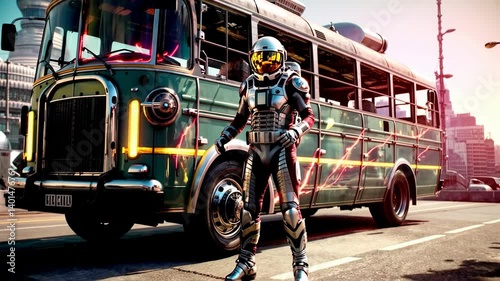 Cybernetic fighting astronaut in a spacesuit. The body half consisting of metal elements is intertwined with neon.