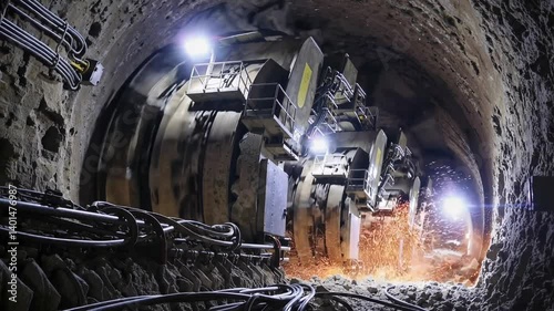 Massive tunnel boring machine operates underground at construction site