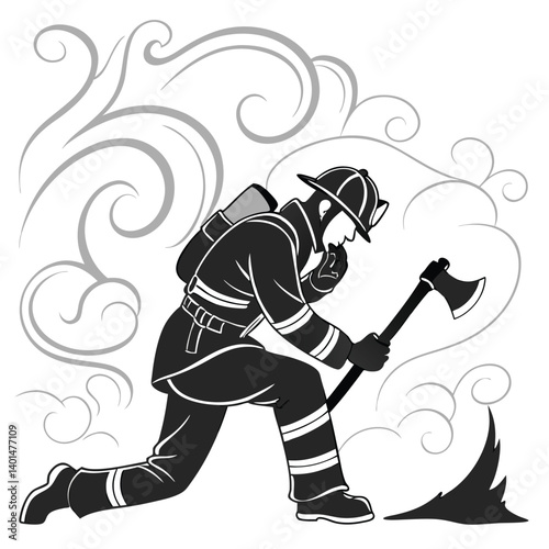 Firefighter silhouette kneeling with an axe, smoke swirling behind Vector