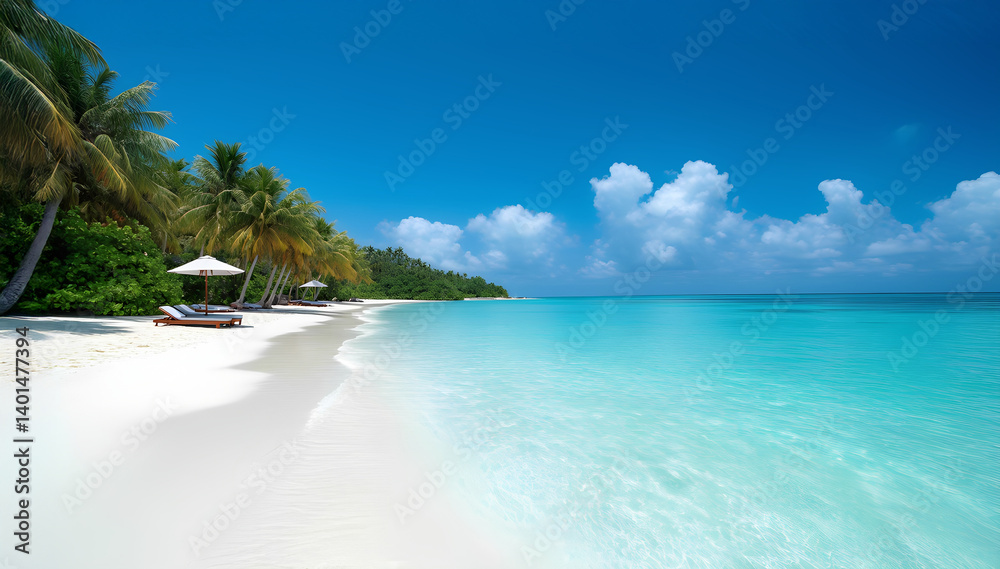 Naklejka premium Beautiful tropical island with palm trees and beach panorama as background image. Asian summer season landscape. Maldives island Ocean tropical beach. palm trees and white clouds and pink sand 