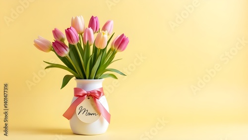 Vase of Tulips: A vibrant bouquet of pink and white tulips arranged elegantly in a delicate vase, adorned with a decorative ribbon, set against a soft yellow backdrop.