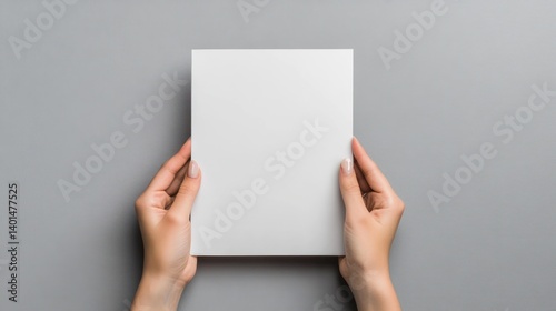 Another angle of female hands holding a blank magazine against a gray background, perfect for a clean and professional mockup