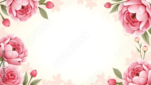 Floral Elegance: A delicate floral arrangement featuring soft pink roses and subtle, graceful leaves, frames a blank space. Evoking romance and celebration.