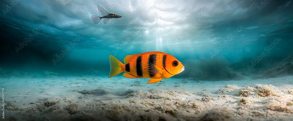 Fototapeta premium Orange and Black Striped Fish Underwater Scene