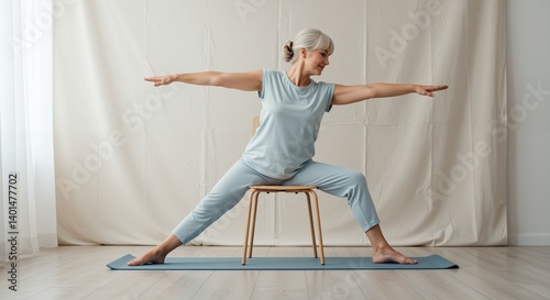 Senior woman practicing yoga in light blue outfit, demonstrating a warrior pose seated on a chair, promoting health and relaxation in a serene indoor setting