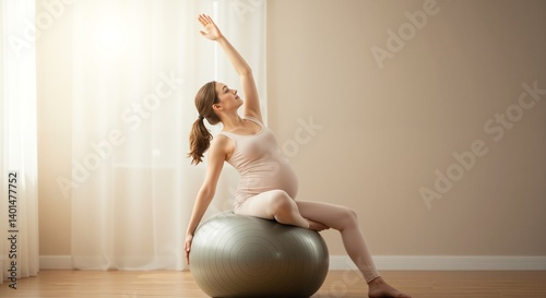 Pregnant woman exercising on a stability ball, stretching gracefully in a serene indoor environment, soft light illuminating her peaceful expression