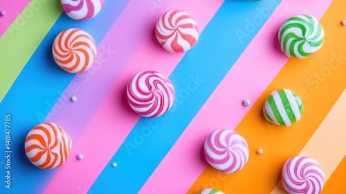 Colorful striped candy placed on a vivid studio background, creating a playful and cheerful scene.