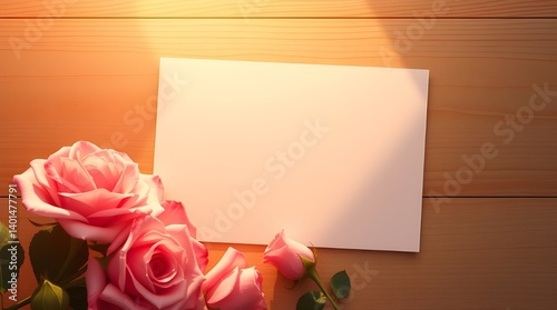 Pink Roses & Blank Card: A delicate arrangement of soft pink roses adorns a rustic wooden table, accompanied by a pristine blank card under the gentle caress of sunlight.