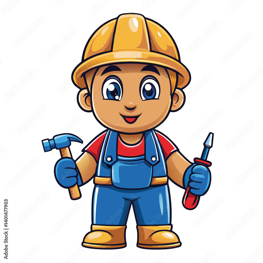 Fototapeta premium Cartoon construction worker with tools