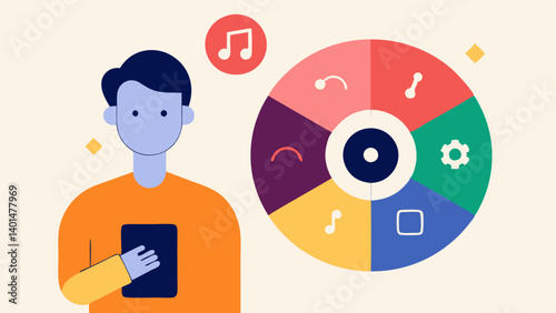 Music Genre Exploration An illustration of the AI presenting a wheel or grid of genres with the user selecting different genres to refine their recommendations.