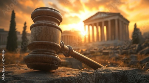 Gavel at Sunset: Ancient Greek Ruins and Justice