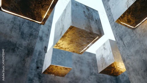  Floating Glowing Concrete Cubes
Abstract concrete cubes with glowing golden light suspended in air in a minimal industrial space.