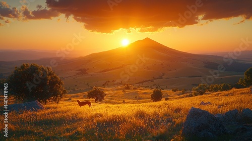 Golden Hour Serenity: A Dog Silhouetted Against a Majestic Sunset Over Rolling Hills