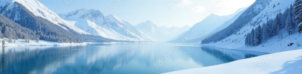 Snow-covered peaks, frozen lake, winter stillness , horizon, white Snow-covered peaks, frozen lake, winter stillness , horizon, white