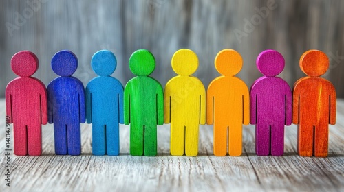 Colorful wooden figures representing diversity and inclusion, lined up in a row. Each figure is a different color, symbolizing respect and equality, 