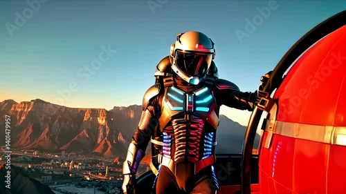 Cybernetic fighting astronaut in a spacesuit. The body half consisting of metal elements is intertwined with neon.