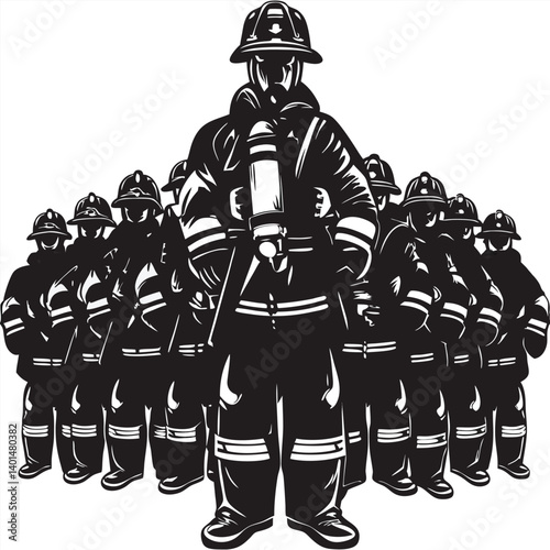 Firefighter silhouette with team behind in triangle formation vector