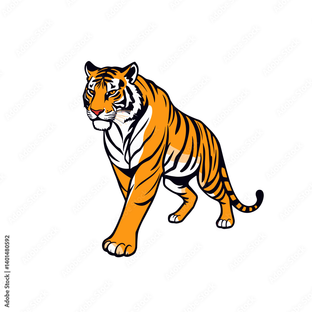 Majestic Tiger in Motion: A vibrant and dynamic depiction of a magnificent tiger gracefully striding forward, its powerful form radiating strength and grace. Majestic Tiger in Motion: A vibrant and dynamic depiction of a magnificent tiger gracefully striding forward, its powerful form radiating strength and grace.