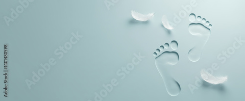 Footprints and white feathers on a colored background. Minimalistic design for the concept of foot and leg care.