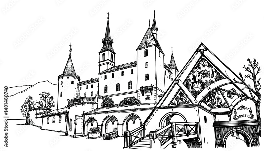 Fototapeta premium Ancient Fortress's Detailed Sketch: Captivating ink illustration of a historically rich fortress, showcasing its formidable towers, arched entrances, and intricate architectural design.