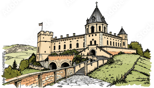 Magnificent Castle Illustration: A stunning architectural illustration showcases an imposing castle perched atop a gentle hill, a testament to historical elegance.