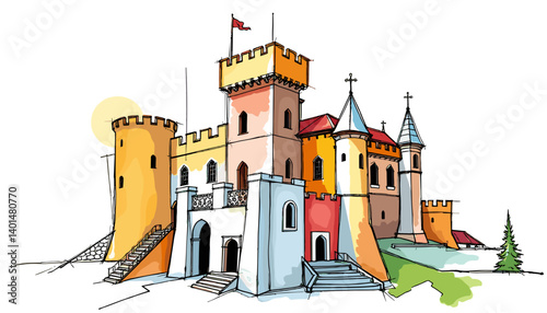 Colorful Castle Illustration: A vibrant and whimsical illustration of a historic castle, with its majestic towers, vibrant colors and fairytale charm.