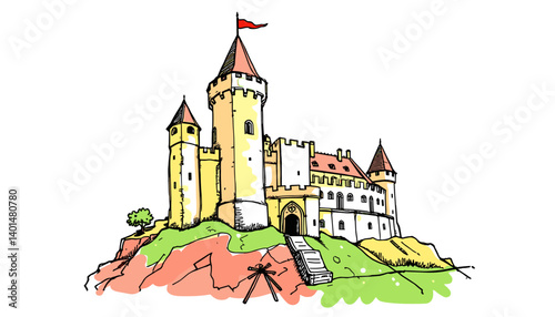 Castle on Hill: A vibrant illustration of a majestic castle perched atop a scenic hill, exuding a sense of historical grandeur and architectural marvel.