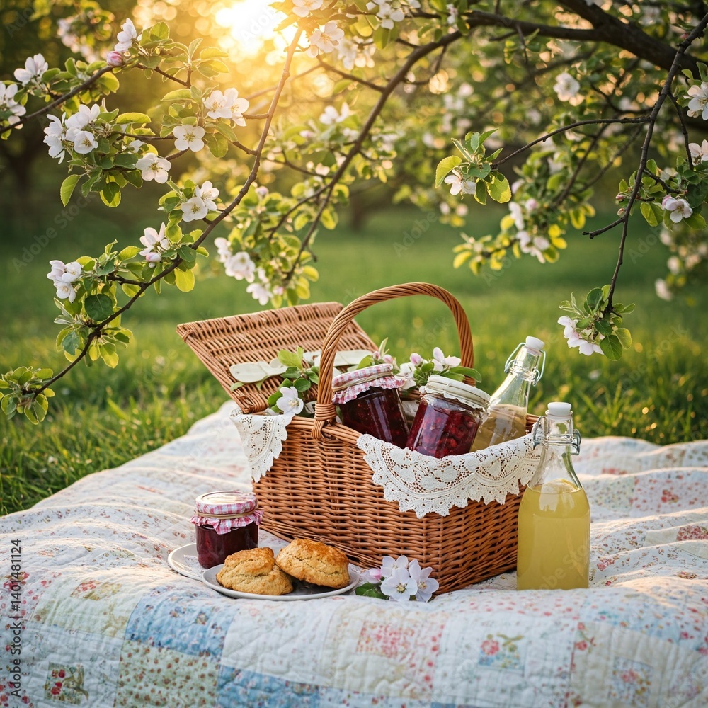 Picnic Basket and Quilt Under an Apple Tree