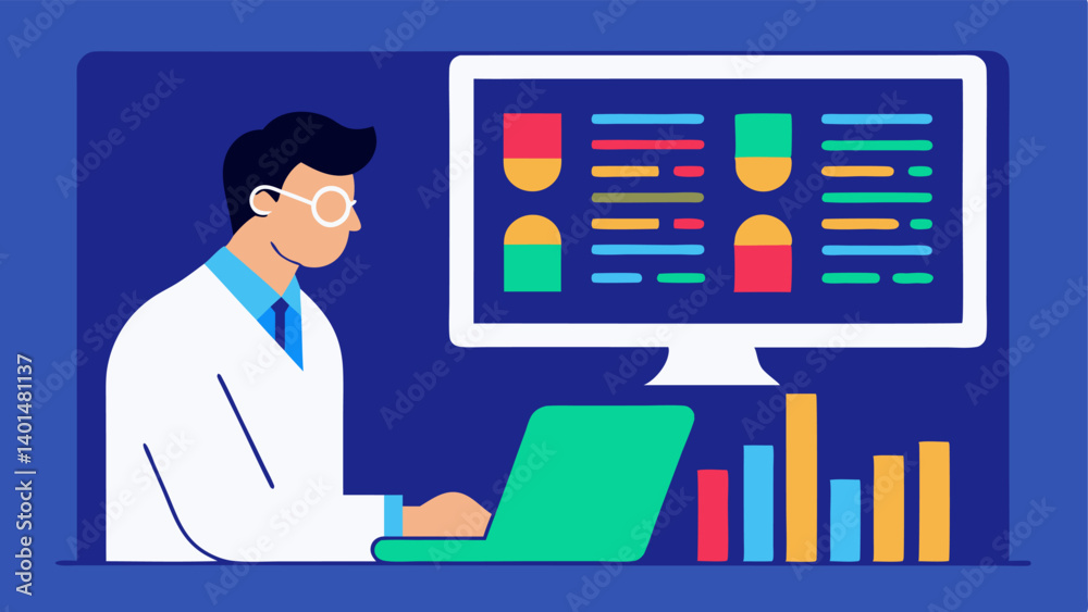 Genetic Sequencing An illustration of a sequencer device outputting colorful readouts of DNA sequences with a scientist analyzing the data displayed on a computer screen. Genetic Sequencing An illustration of a sequencer device outputting colorful readouts of DNA sequences with a scientist analyzing the data displayed on a computer screen.