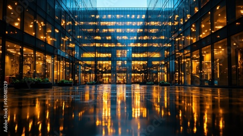 Night Cityscape: Golden Reflections in a Modern Glass Building Courtyard