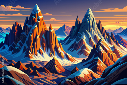 Alpine Mountains peak view snowy landscape with clear sky. vector illustration background, snow high alp mountain overlook bathed