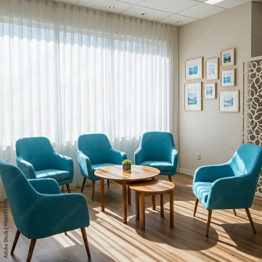 Fototapeta premium A waiting area with five turquoise chairs arranged around two wooden tables. Natural light fills the room through sheer white curtains. Art on the wal