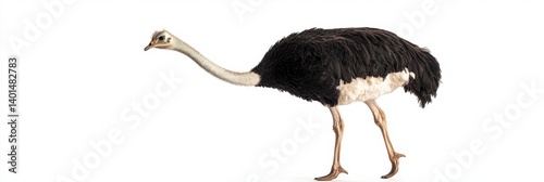 Curious ostrich with extended neck posing against a clean white backdrop for a vibrant, playful display