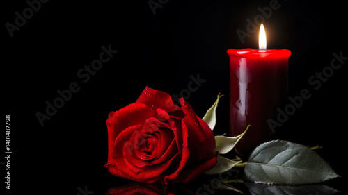 Red Rose and Candle on Black Background, Funeral Memorial Poster