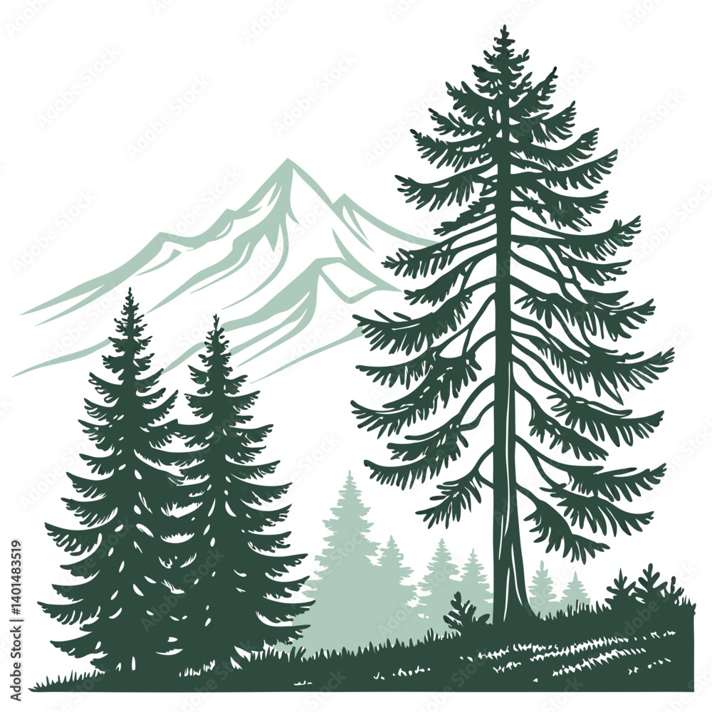 Obraz premium Silhouette Pine Tree Mountain Vector in Minimal Landscape Style