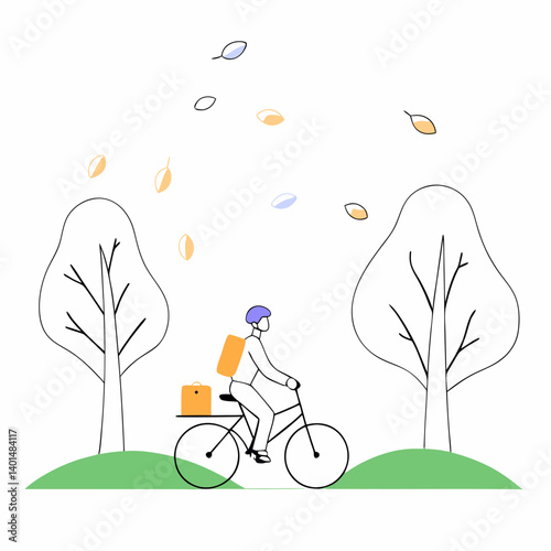 Courier biking through a park filled with cherry blossoms, springtime delivery concept