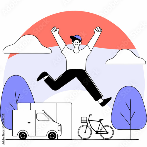 Delivery man jumping with joy after completing last delivery, sunset background, cheerful finish