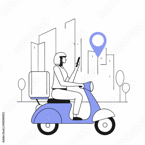 Female courier riding through heavy traffic with GPS map on her phone, busy city vibes, detailed background
