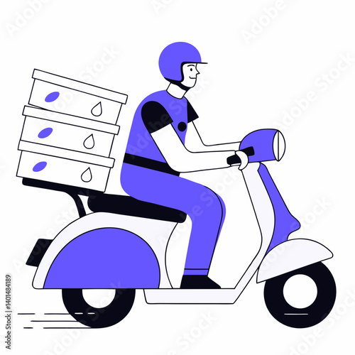 Courier delivering pizza boxes on a motorbike, fast food branding, warm color scheme, flat design