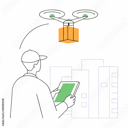 Drone dropping off a parcel while a delivery man watches with a tablet in hand, futuristic courier concept vector.